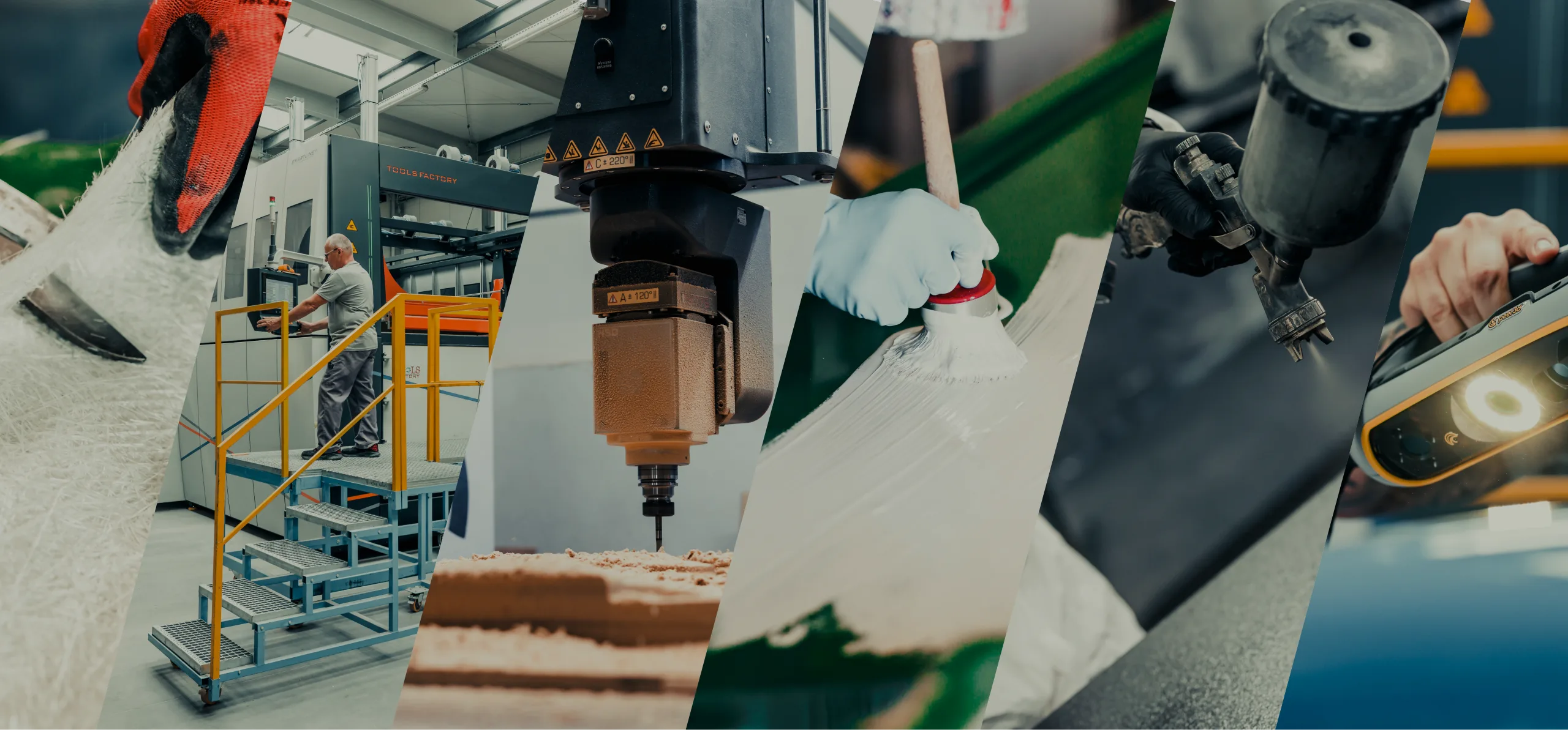 Kolaż technologii Burdziąg: laminowanie, obróbka CNC i lakierowanie elementów kompozytowych