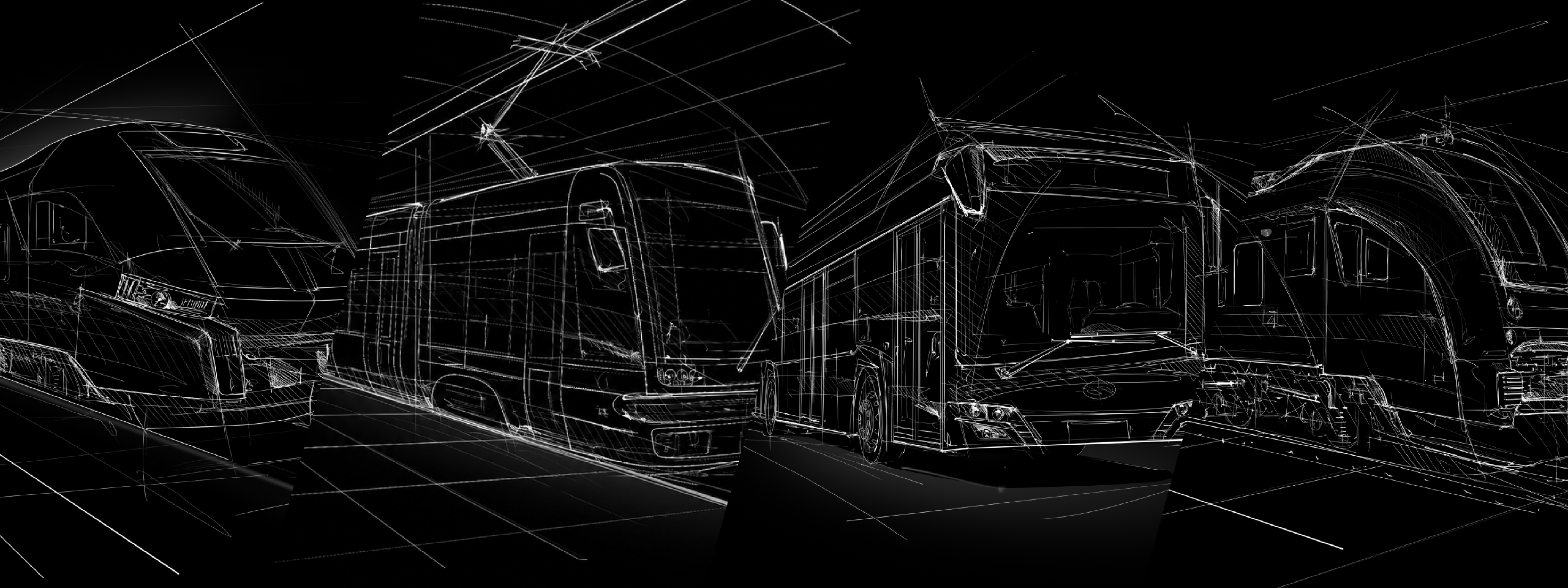Kolaż szkiców pojazdów — pociąg, tramwaj, autobus